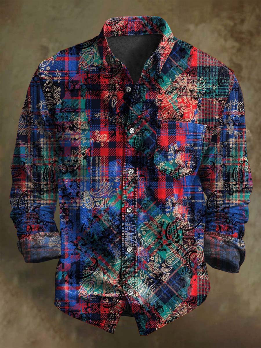 Abstract Vintage Plaid Print Casual Long-Sleeve Shirt
