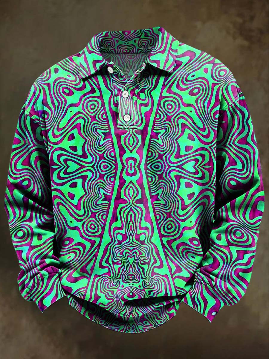 Psychedeliclrregular Geometric Print CasualLong-Sleeve Polo Shirt