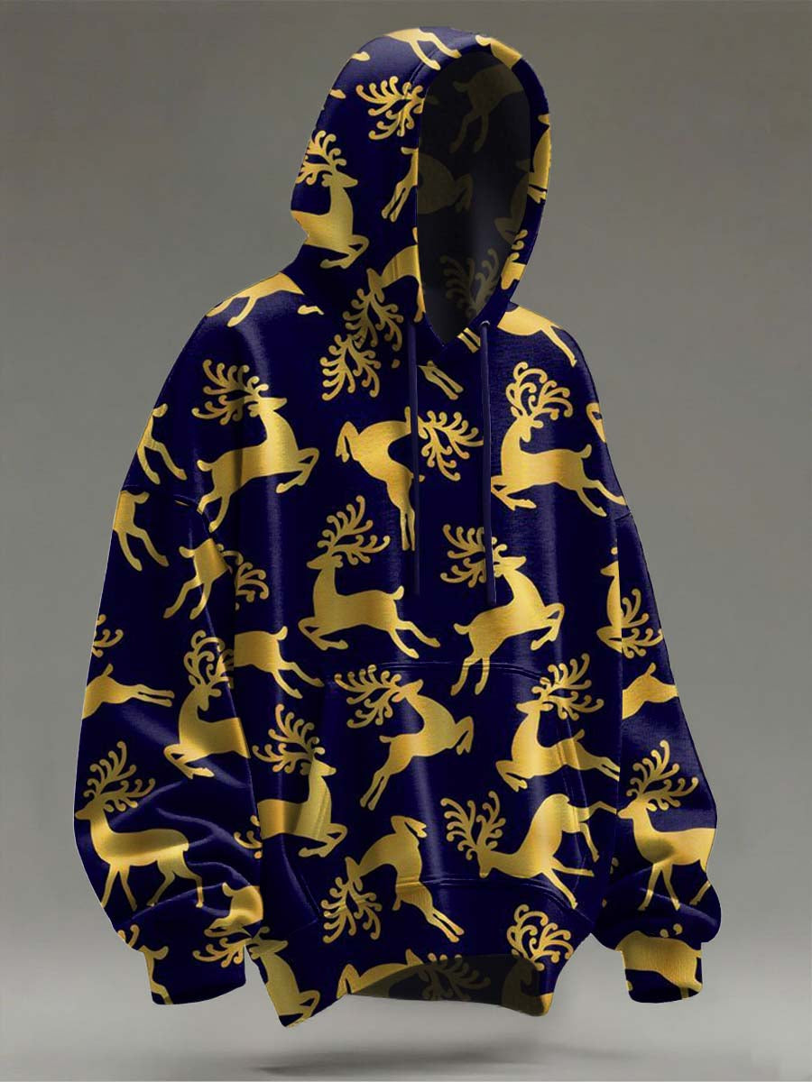 Christmas Gold Reindeer Print Casual Hooded Sweatshirt
