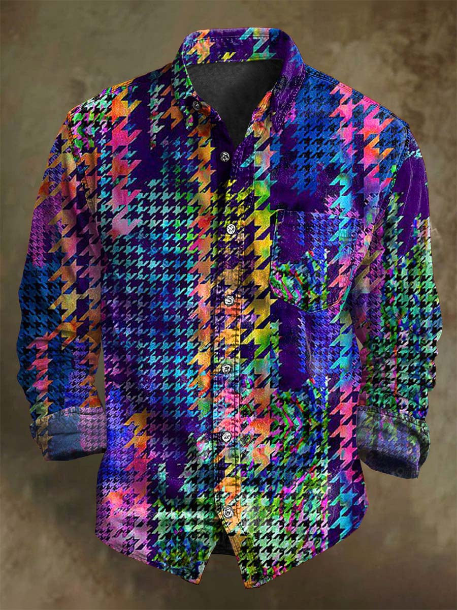Abstract Colorful Houndstooth Print Casual Long-Sleeve Shirt