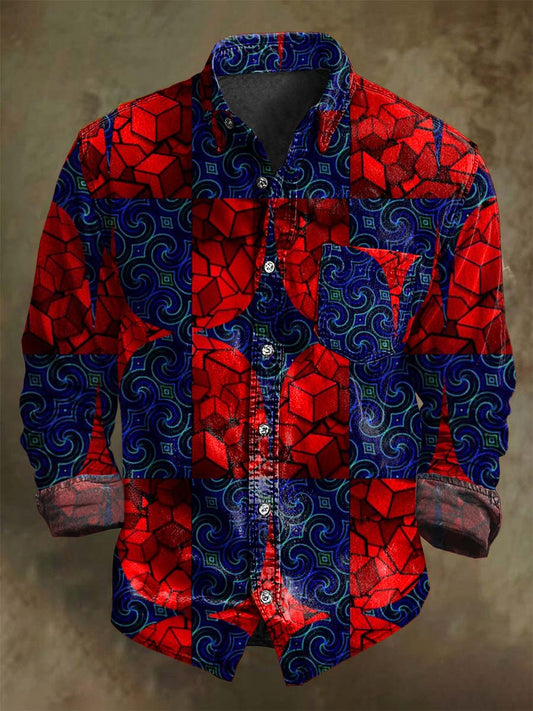 Abstract Color-Blocked Geometric Print Casual Long-Sleeve Shirt