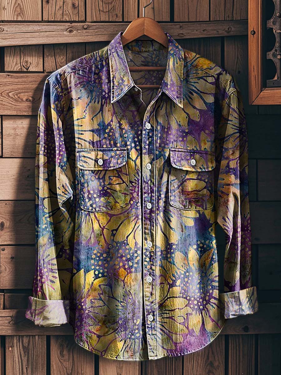 Purple and Yellow Floral Print Casual Long-Sleeve Shirt