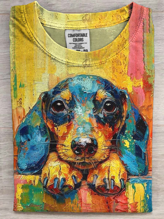 Oil Painting Style Dachshund Print Casual Short-Sleeve T-Shirt