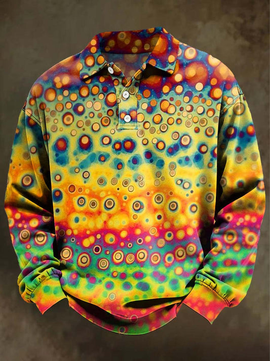 Psychedelic Polka Dot Print Casual Long-Sleeve Polo Shirt