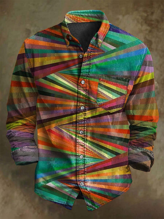Abstract Rainbow Radiating Stripes Print Casual Long-Sleeve Shirt