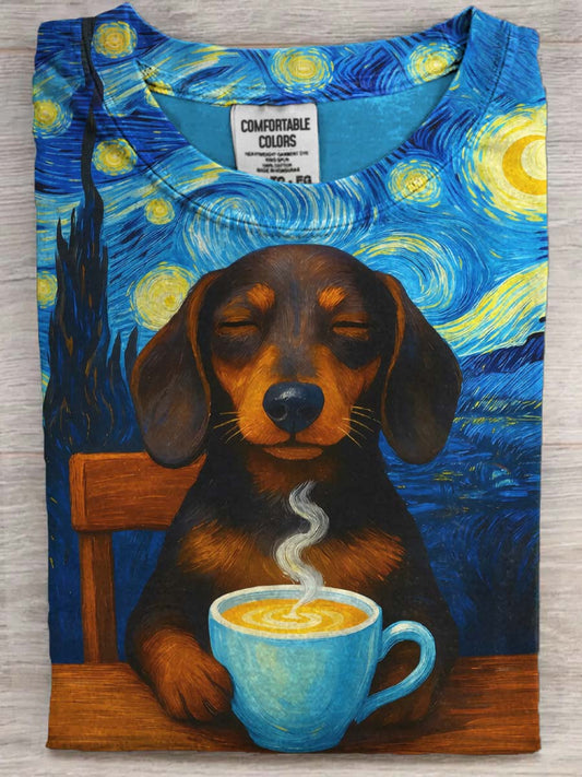 Abstract Starry Sky Dachshund Print Casual Short-Sleeve T-Shirt