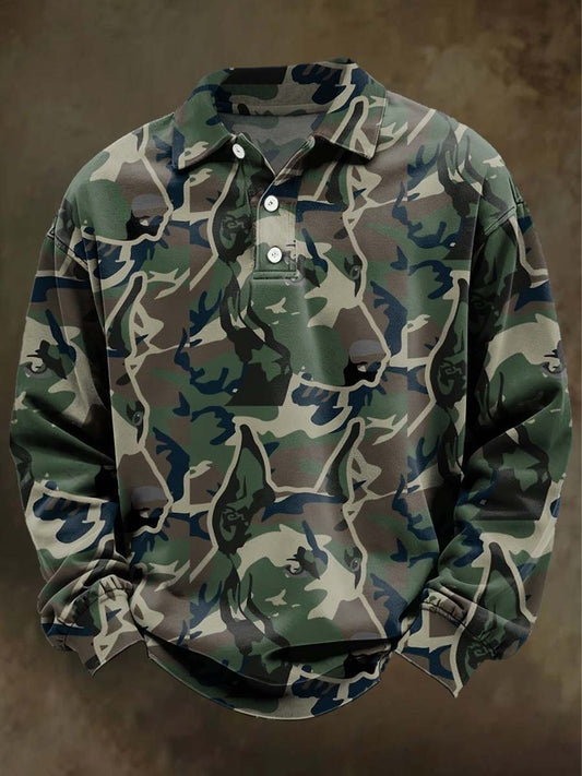 Camouflage Dog Head Print Casual Long-Sleeve Polo Shirt