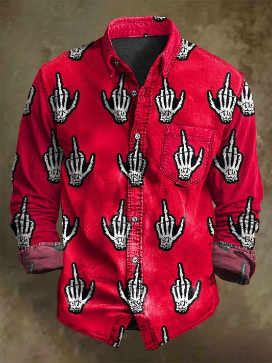 Red-Bottomed Skull-Hand Print Casual Long-Sleeve Shirt