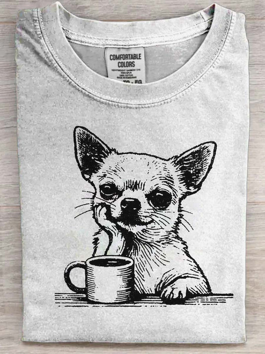 Chihuahua Coffee Print Casual Short-Sleeve T-Shirt