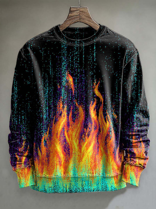 Abstract Pixel Flame Print Casual Crewneck Sweatshirt