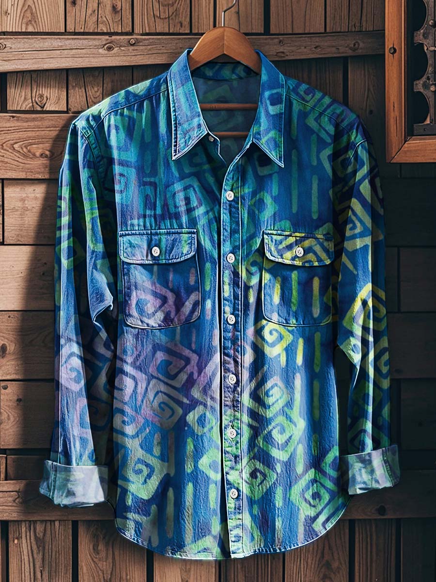 Abstract Ethnic Geometric Print Casual Long-Sleeve Shirt