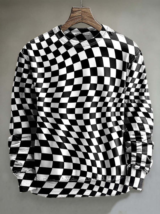 Abstract Distorted Checkered Print Casual Crewneck Sweatshirt