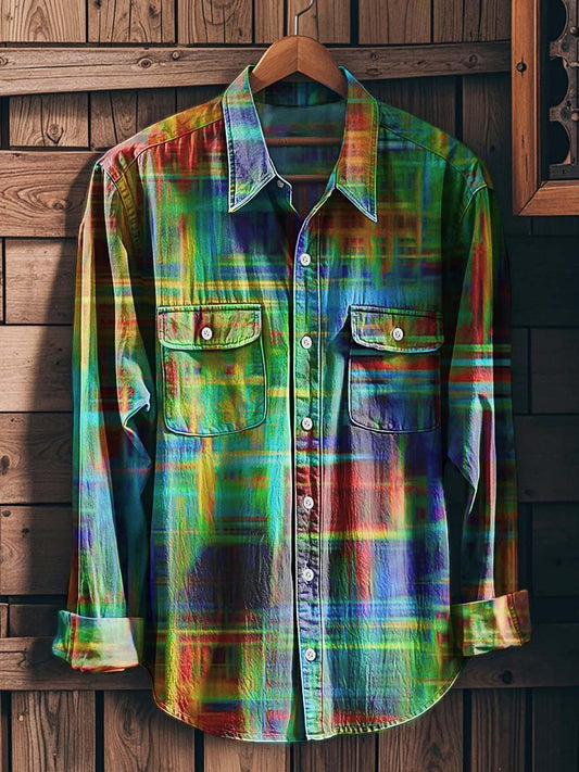 Abstract Psychedelic Rainbow Plaid Print Casual Long-Sleeve Shirt