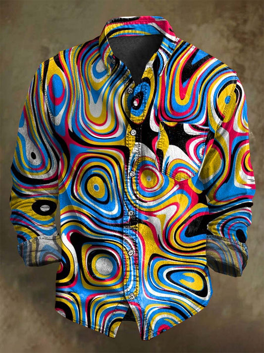 Abstract Vibrant Swirl Print Casual Long-Sleeve Shirt