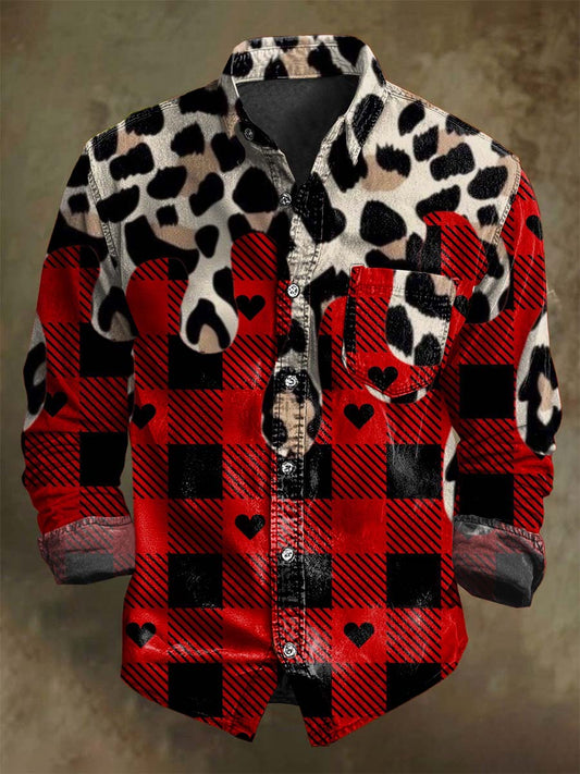 Leopard-Print Plaid Heart Patchwork Print Casual Long-Sleeve Shirt