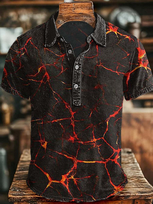 Abstract Lava Crack Print Casual Short-Sleeve Polo Shirt