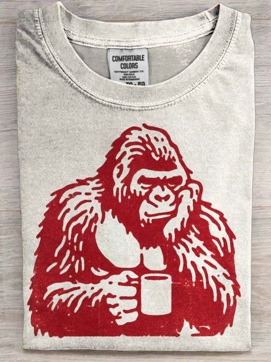 Abstract Gorilla Drinking Coffee Print Casual Short-Sleeve T-Shirt