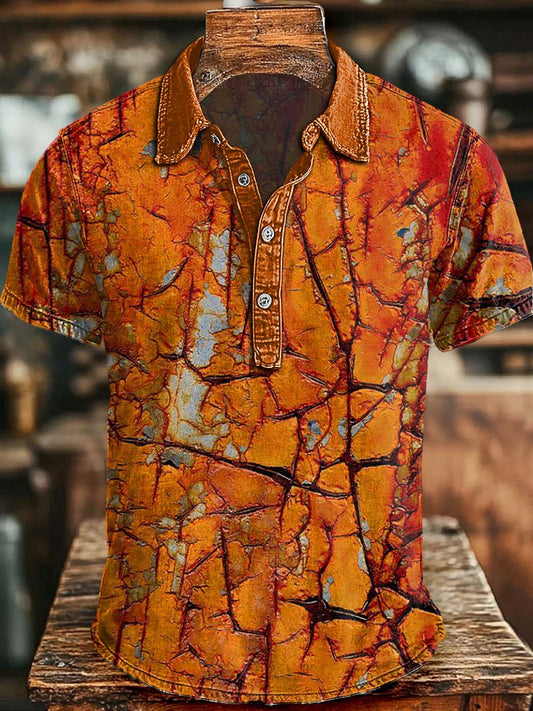 Retro Cracked Stone Print Casual Short-Sleeve Polo Shirt