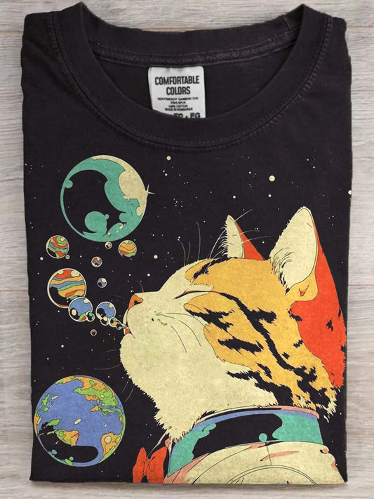 Abstract Space Cat Spitting Planets Print Casual Short-Sleeve T-Shirt