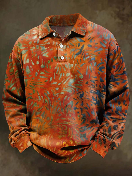 Retro Batik Textured Print Casual Long-Sleeve Polo Shirt