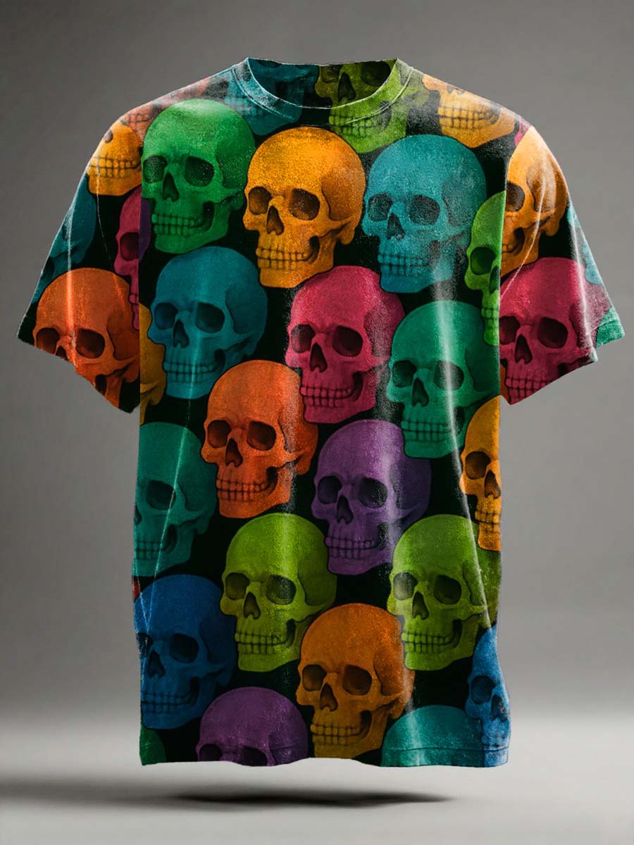 Colorful Skull All-Over Print Casual Short-Sleeve T-Shirt