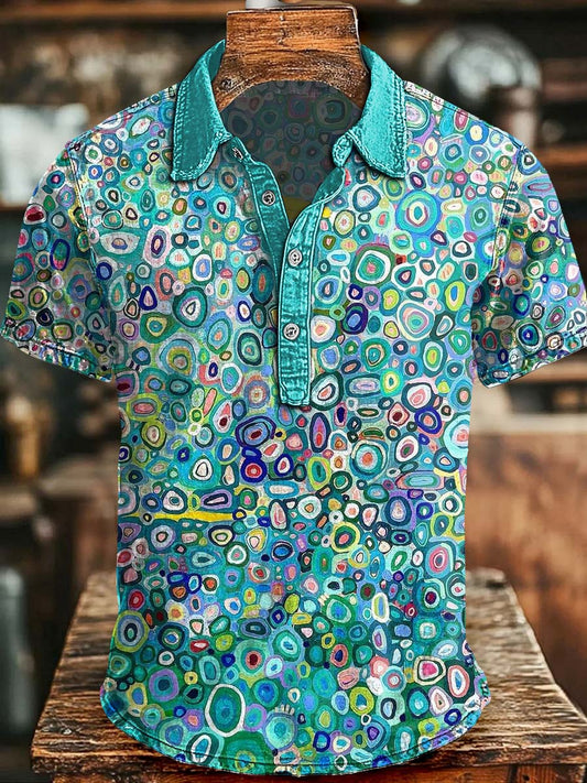 Abstract Color Ring Dense Texture Print Casual Short-Sleeve Polo Shirt