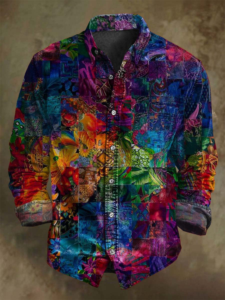 Abstract Color Pattern Multi-Element Patchwork Print Casual Long-Sleeve Shirt