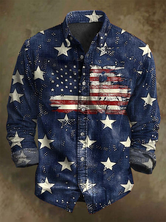 Retro Abstract Distressed Flag Print Casual Long-Sleeve Shirt