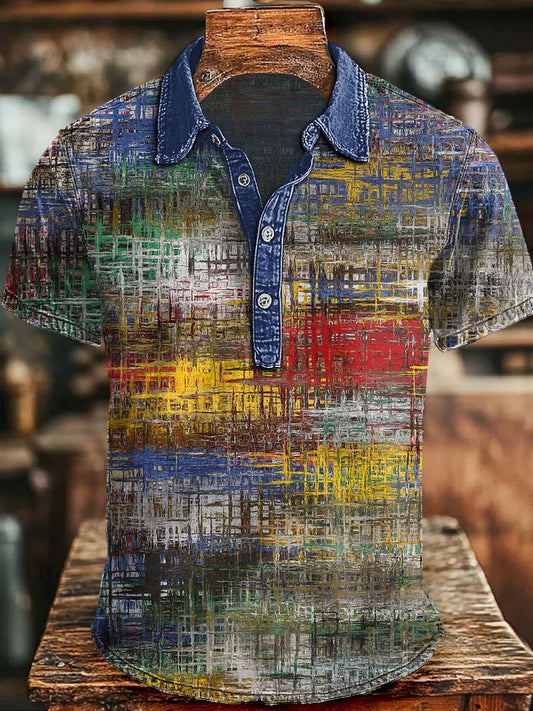 Abstract Grid Texture Print Casual Short-Sleeve Polo Shirt