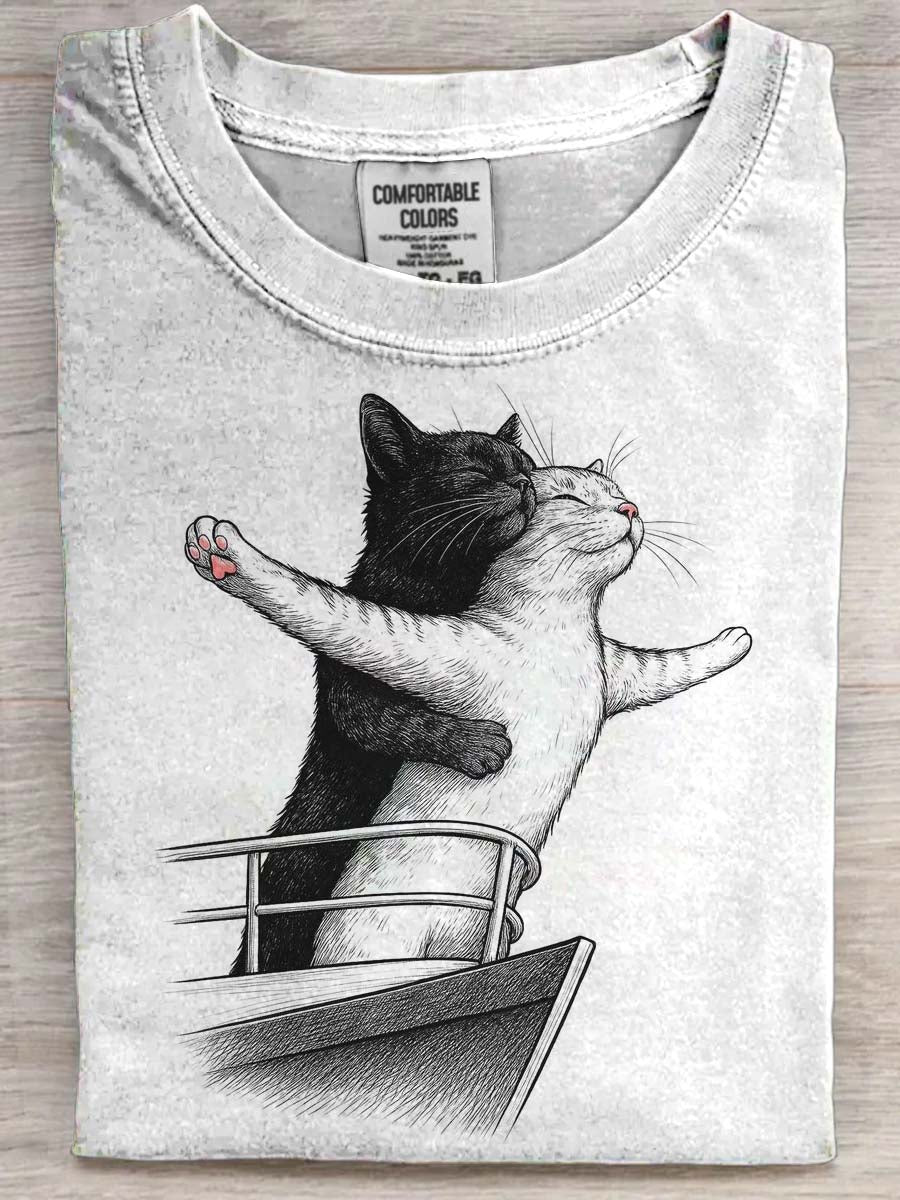 Abstract Titanic Cat Print Casual Short-Sleeve T-Shirt