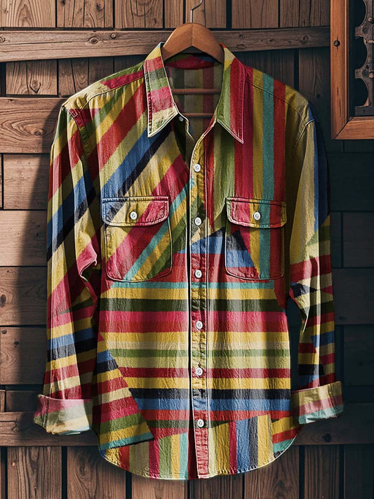 Retro Color-Block Striped Patchwork Print Casual Long-Sleeve Shirt