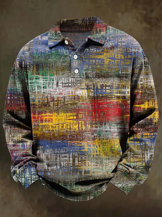 Abstract Grid Texture Print Casual Long-Sleeve Polo Shirt