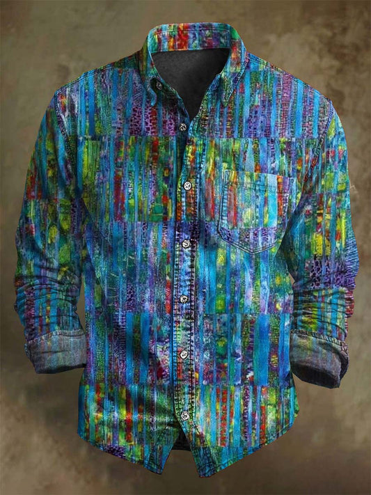 Abstract Blue-Tinted Vertical Stripe Textured Print Casual Long-Sleeve Shirt