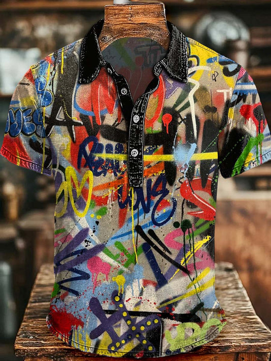 Abstract Street Graffiti Print Casual Short-Sleeve Polo Shirt