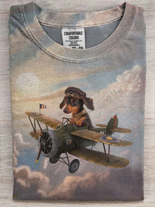 Pilot Dachshund Print Casual Short-Sleeve T-Shirt