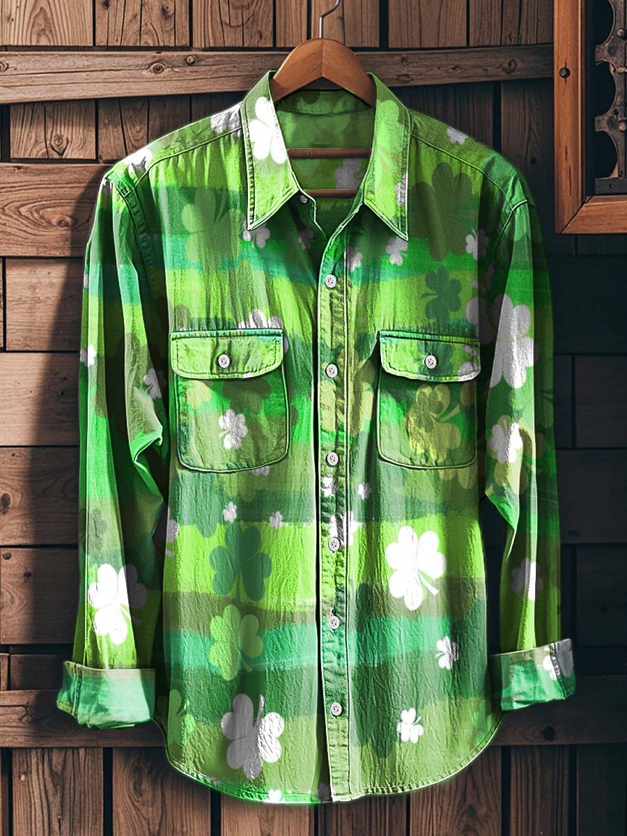 St. Patrick's Day Gradient-Dyed Shamrock Print Casual Long-Sleeve Shirt