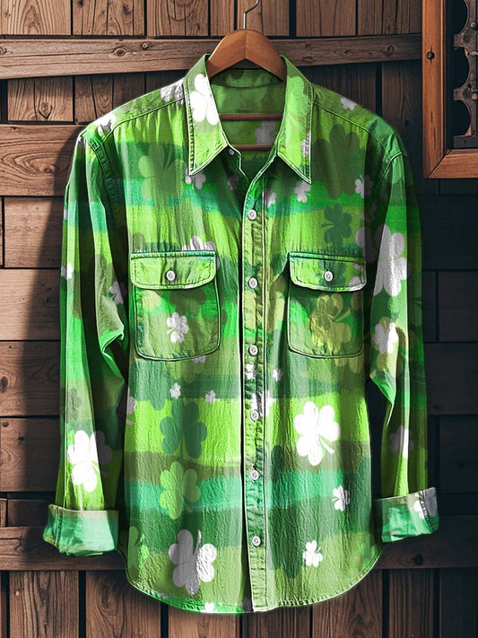 St. Patrick's Day Gradient-Dyed Shamrock Print Casual Long-Sleeve Shirt
