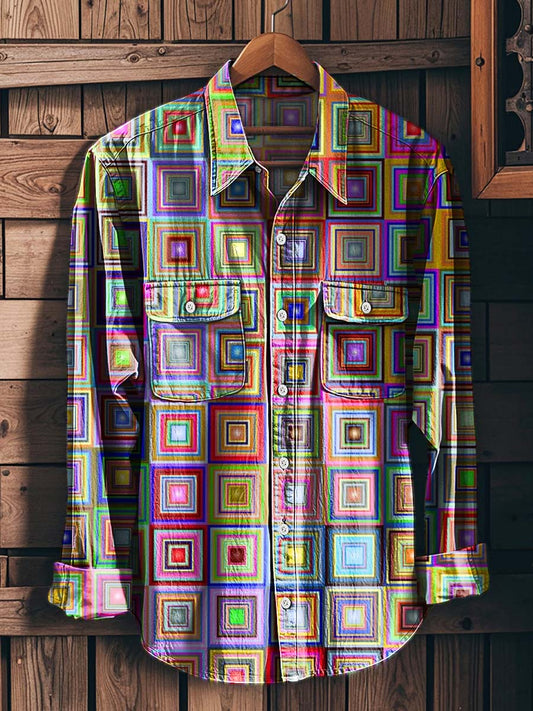 Colorful Block Print All-Over Patterned Casual Long-Sleeve Shirt