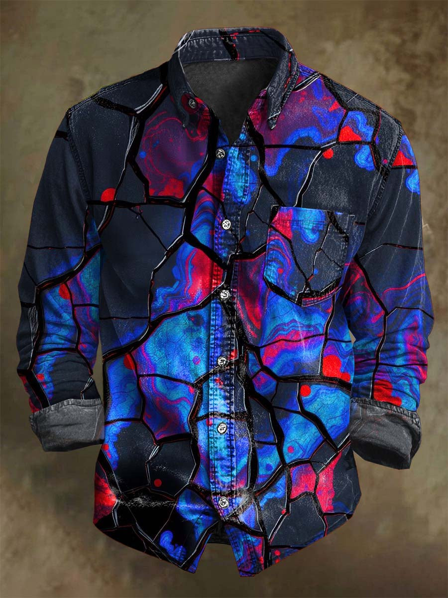 Abstract Red and Blue Lava Crack Print Casual Long-Sleeve Shirt