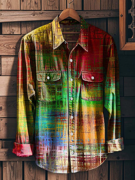 Rainbow Gradient Textured Print Casual Long-Sleeve Shirt