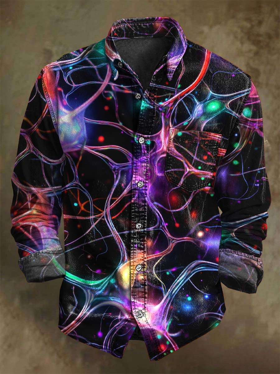Abstract Neon Vein Textured Print Casual Long-Sleeve Shirt