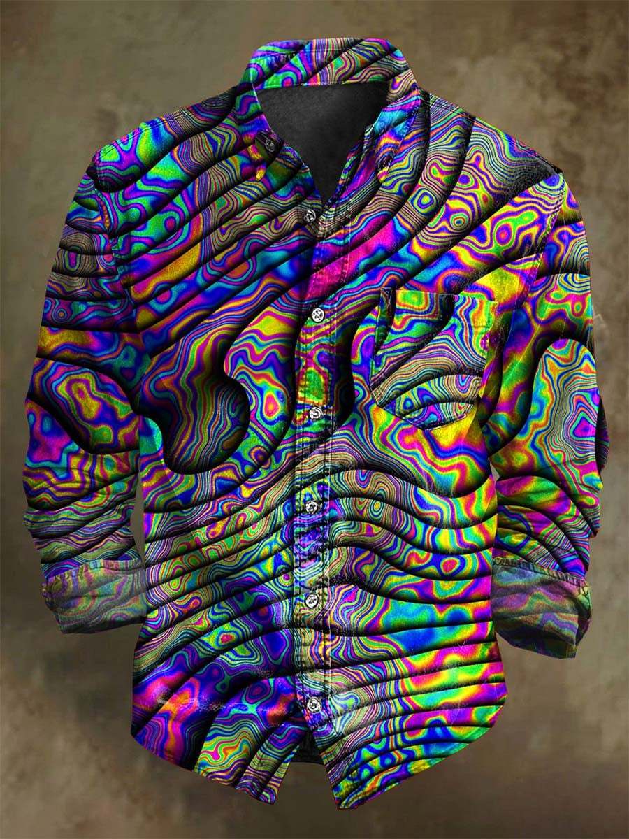Abstract Rainbow Ripple Pleated Print Casual Long-Sleeve Shirt