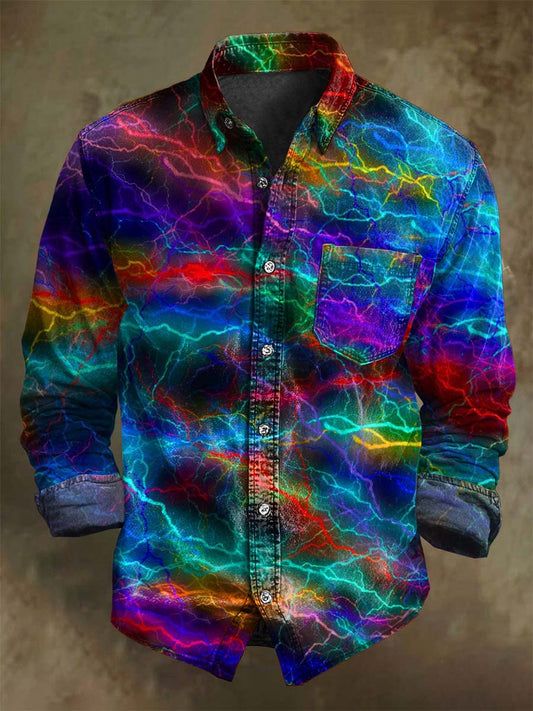 Abstract Rainbow Lightning Print Casual Long-Sleeve Shirt