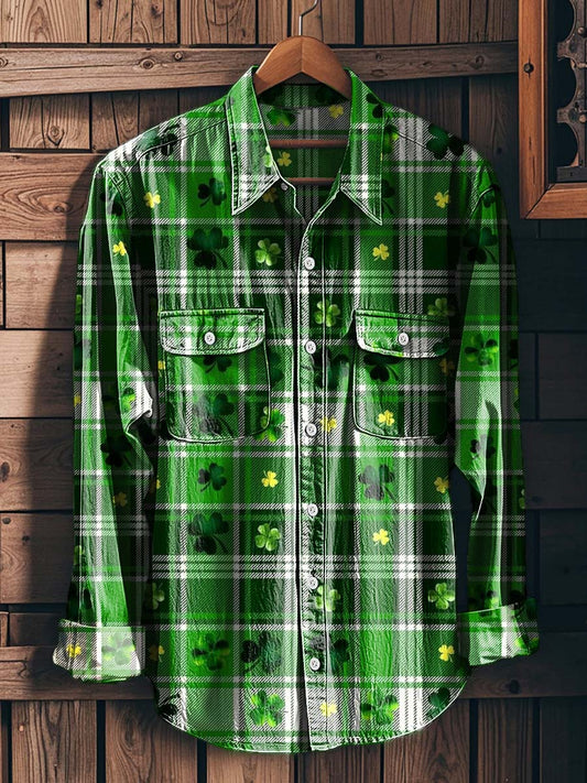 St. Patrick's Day Tartan Clover Print Casual Long-Sleeve Shirt