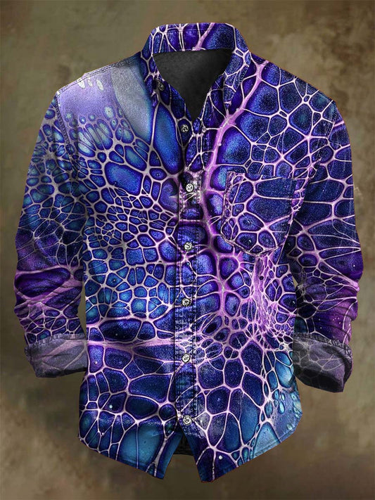 Abstract Purple-Blue Cell Spider Web Print Casual Long-Sleeve Shirt