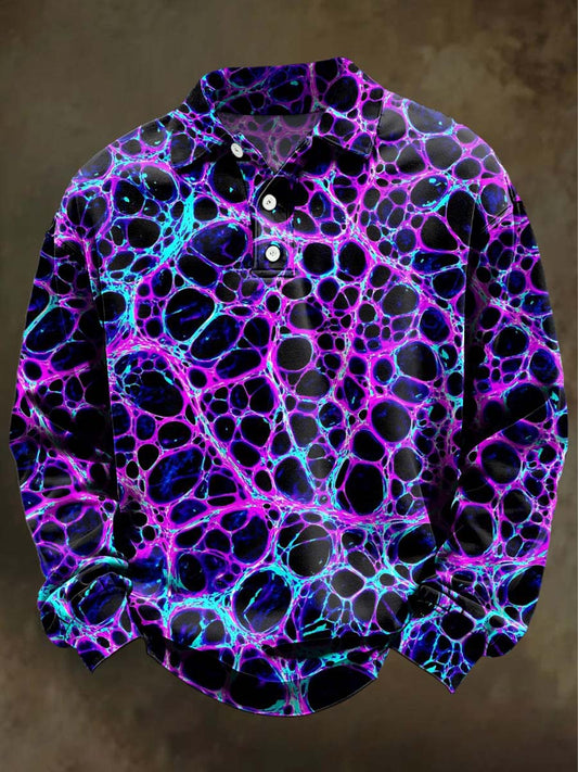 Abstract Texture Visual Print Casual Long-Sleeve Polo Shirt