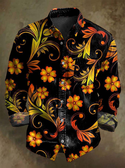 Black Gold Floral Print Casual Long-Sleeve Shirt