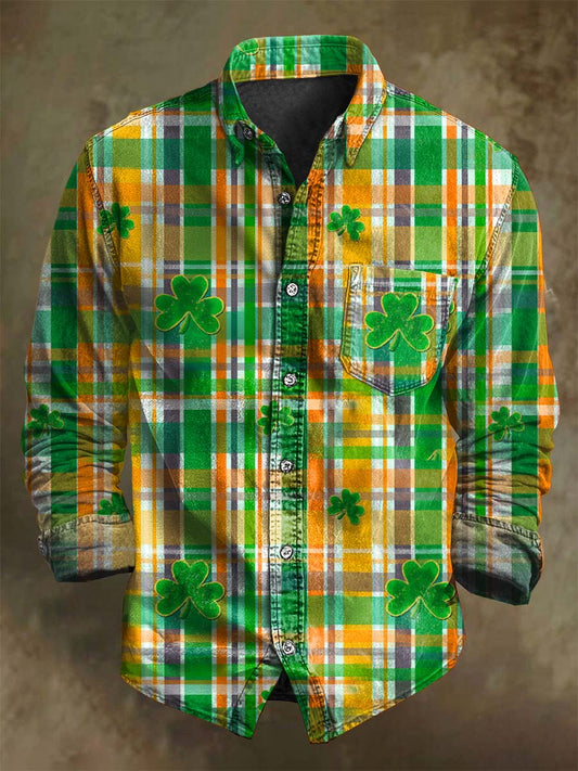 St. Patrick's Day Shamrock Plaid Print Casual Long-Sleeve Shirt