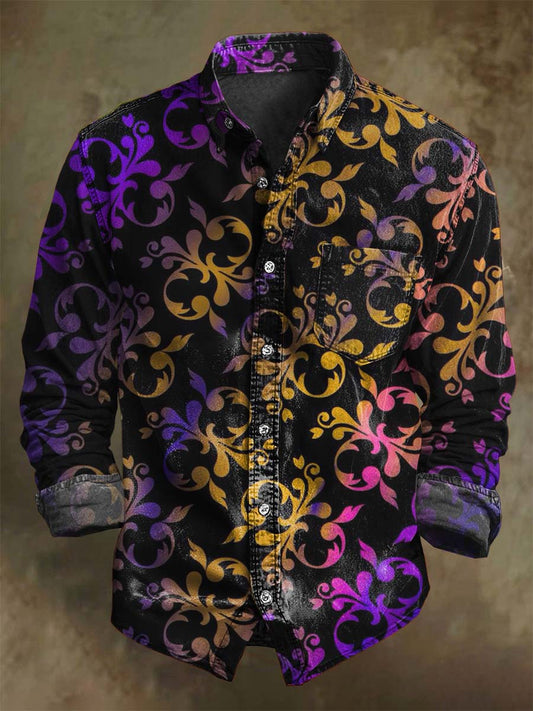 Iridescent Baroque Patterned Print Casual Long-Sleeve Shirt