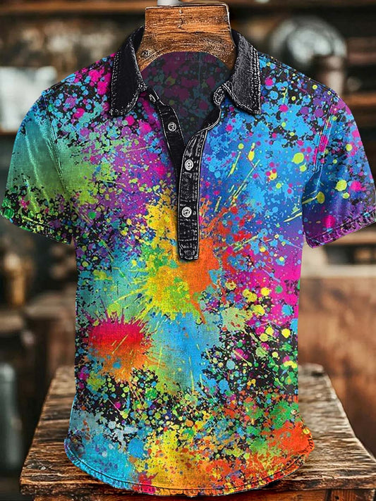 Rainbow Splash Print Casual Short-Sleeve Polo Shirt